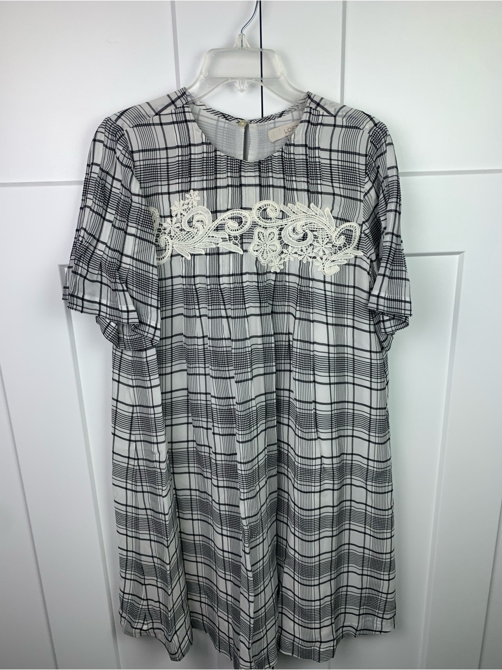 LOFT Black White Plaid Swing Dress Lace Short Sleeve M Tall Cottagecore boho